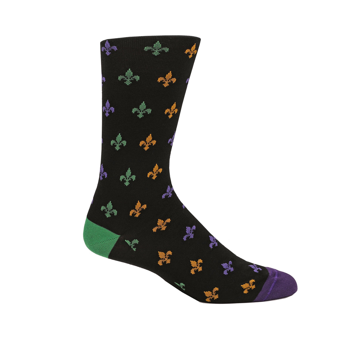 Purple, Gold, &amp; Green Fleur De Lis Black Socks