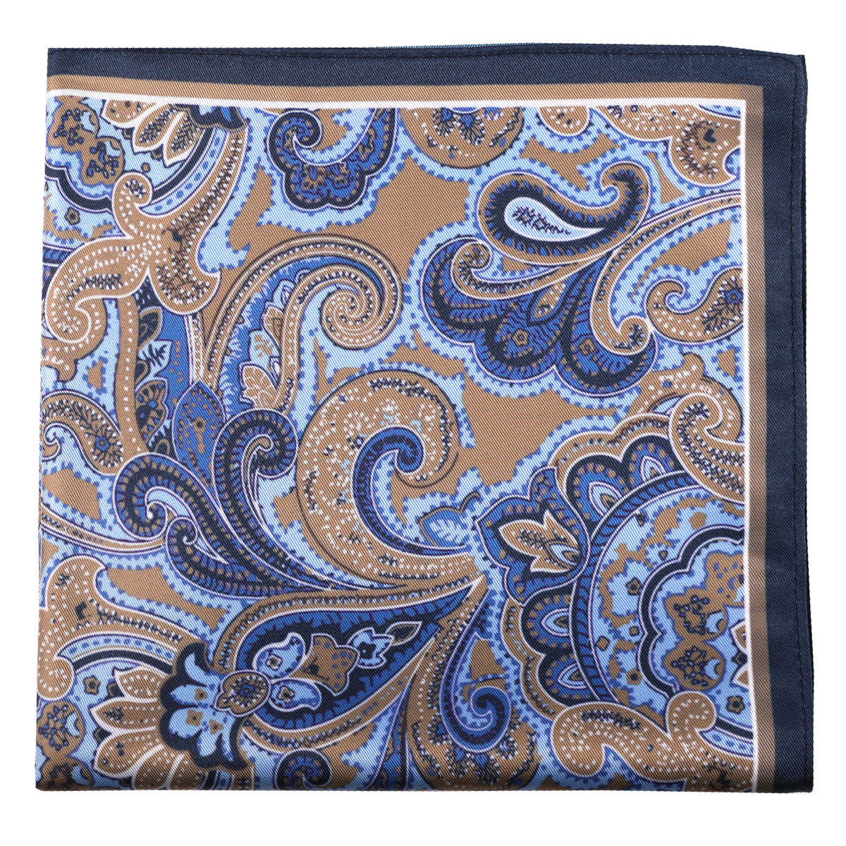 Tan &amp; Blue Silk Paisley Pocket Square