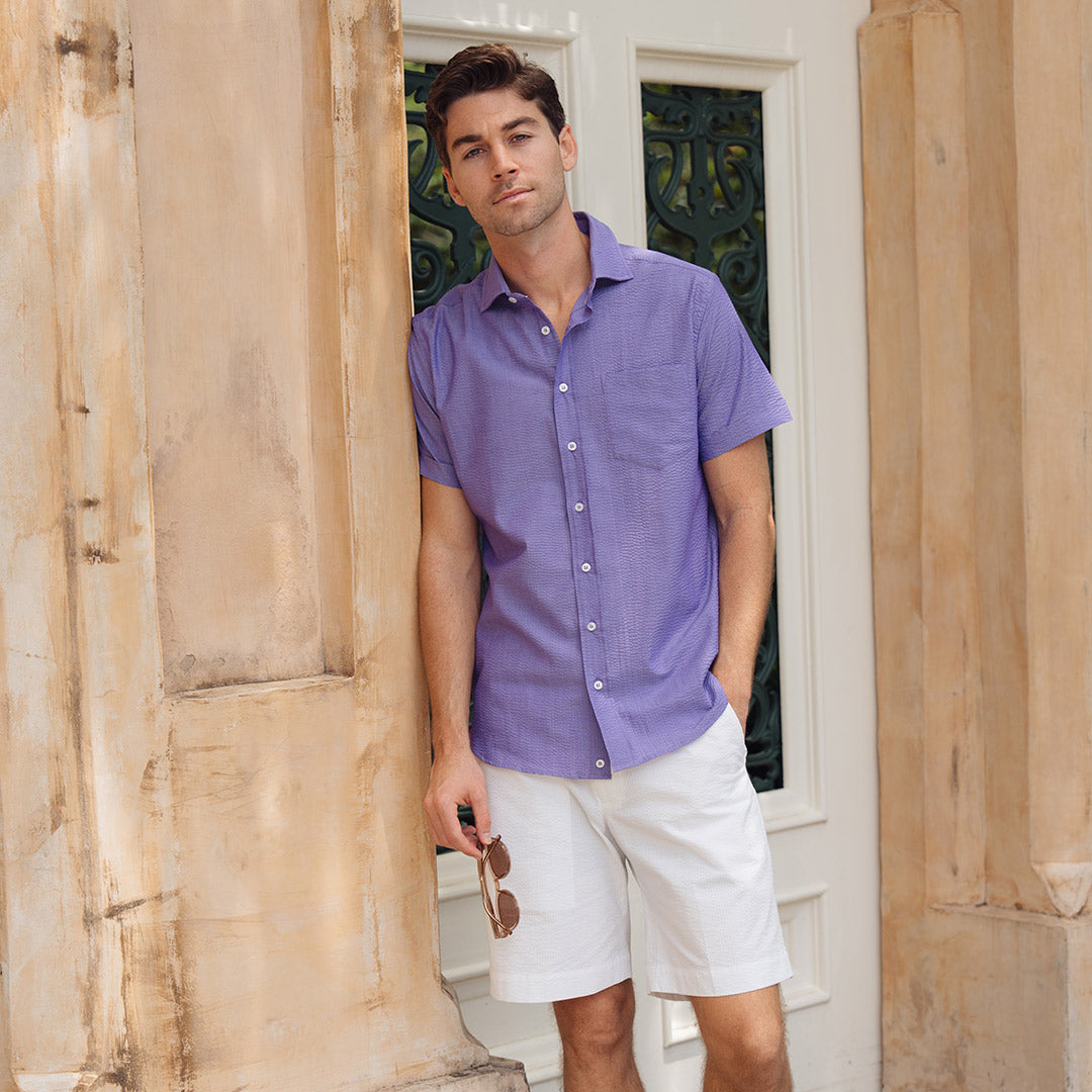 Freret Short Sleeve Solid Purple Seersucker