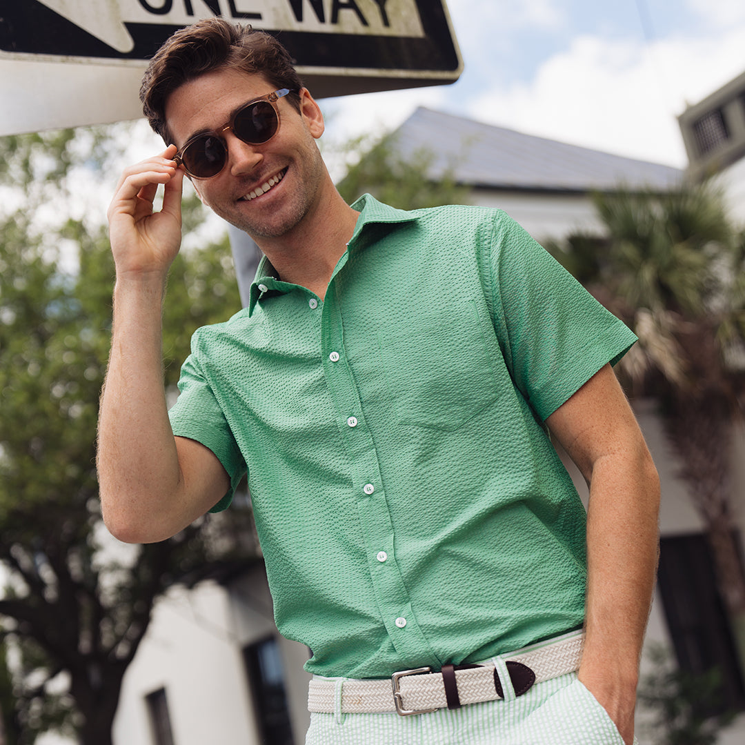 Freret Short Sleeve Solid Green Seersucker