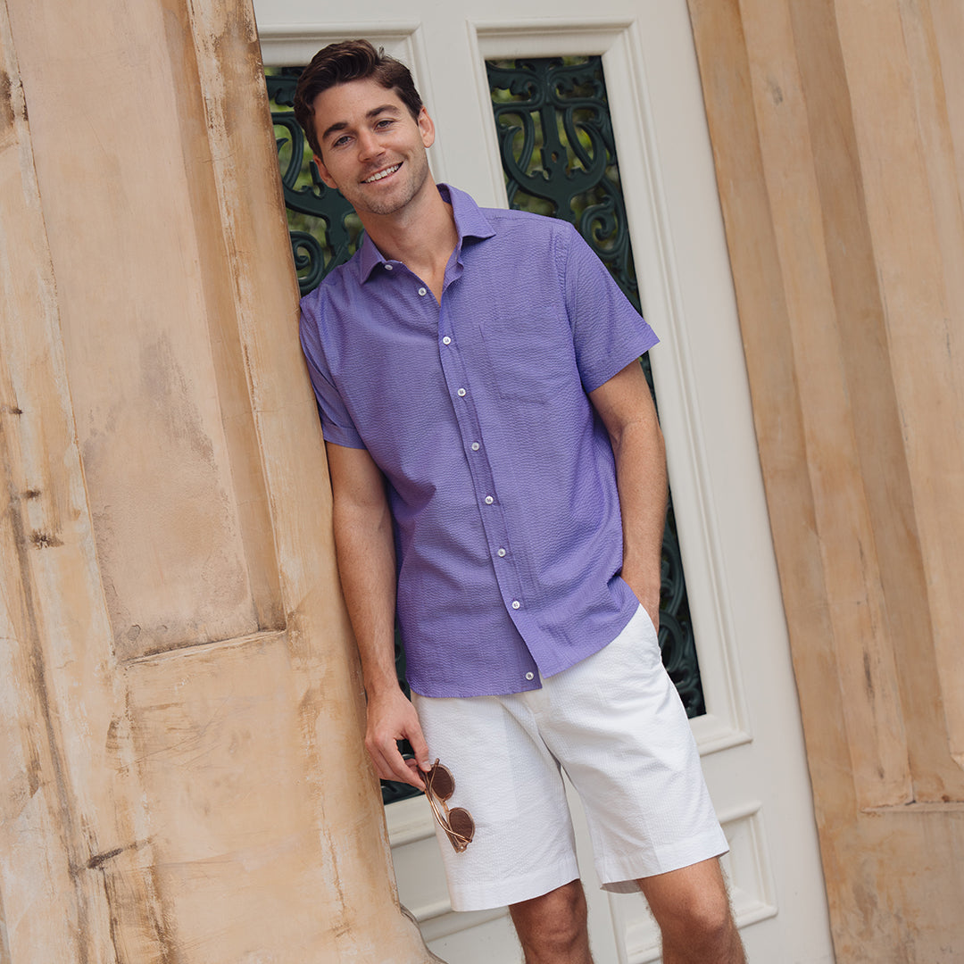 Freret Short Sleeve Solid Purple Seersucker