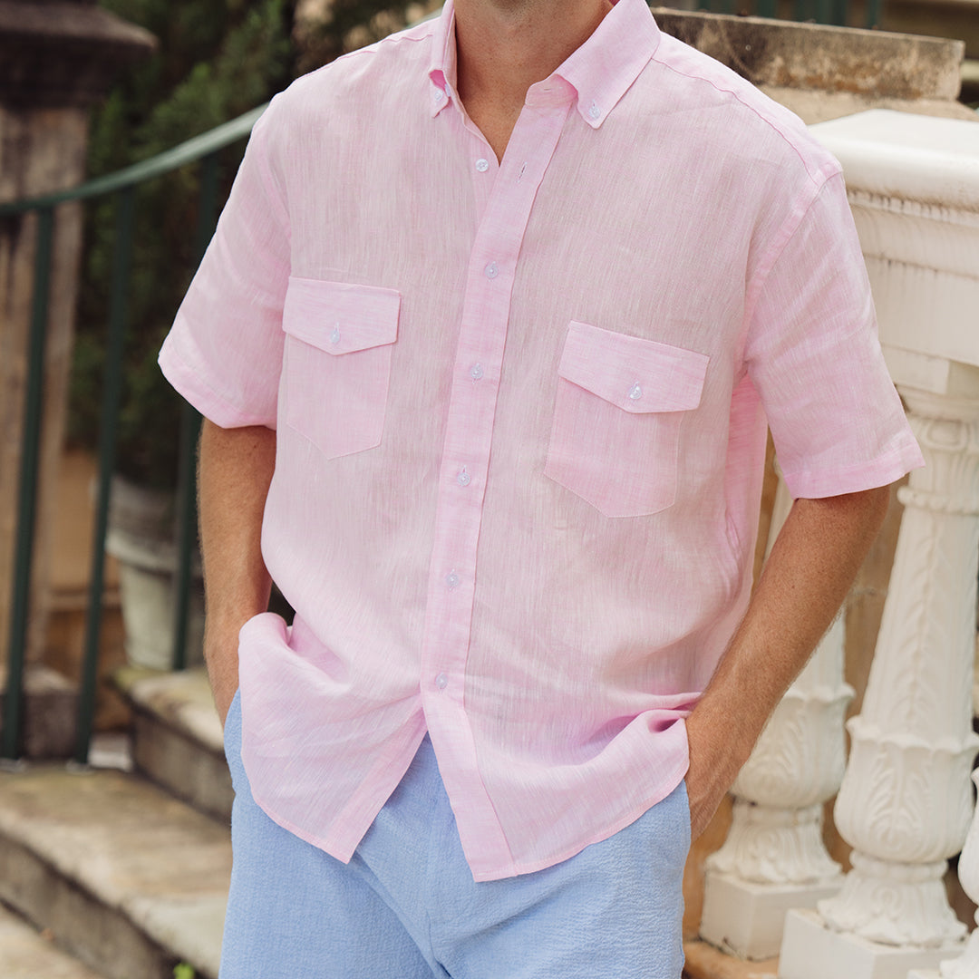 Sea Breeze Short Sleeve Pink Linen Shirt