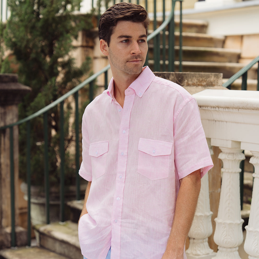 Sea Breeze Short Sleeve Pink Linen Shirt