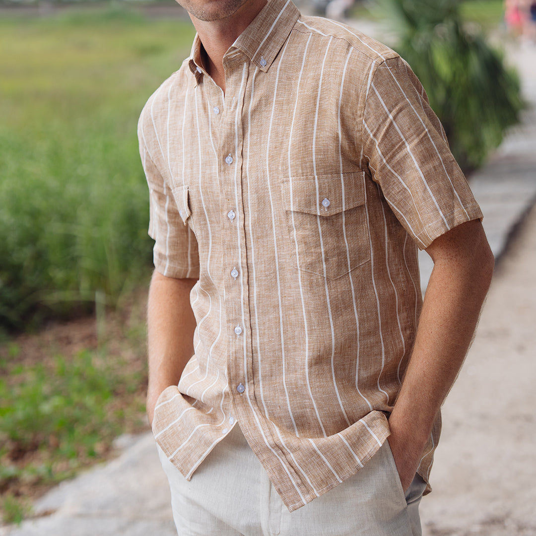 Sea Breeze Short Sleeve Tan Stripe Linen Shirt