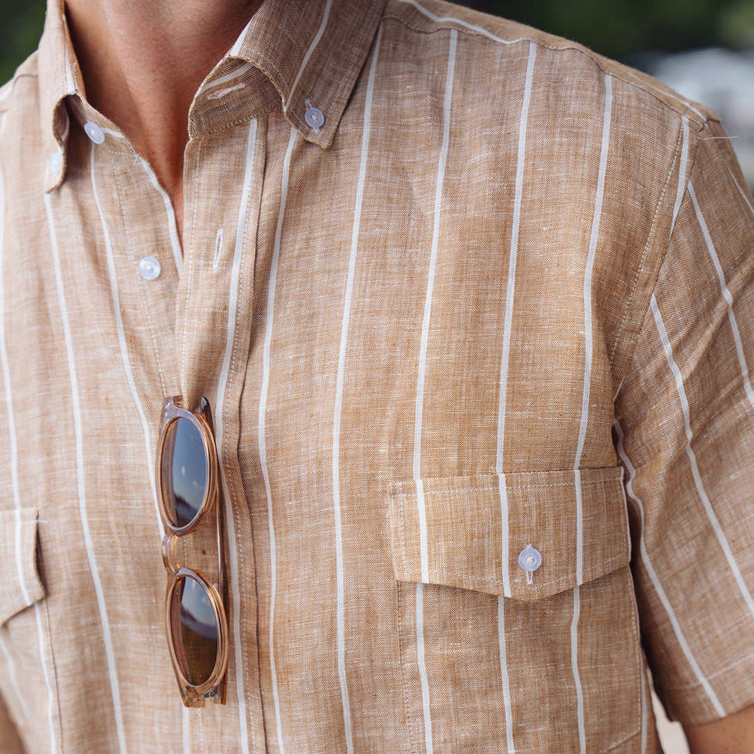 Sea Breeze Short Sleeve Tan Stripe Linen Shirt