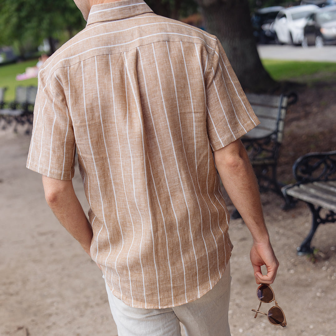 Sea Breeze Short Sleeve Tan Stripe Linen Shirt