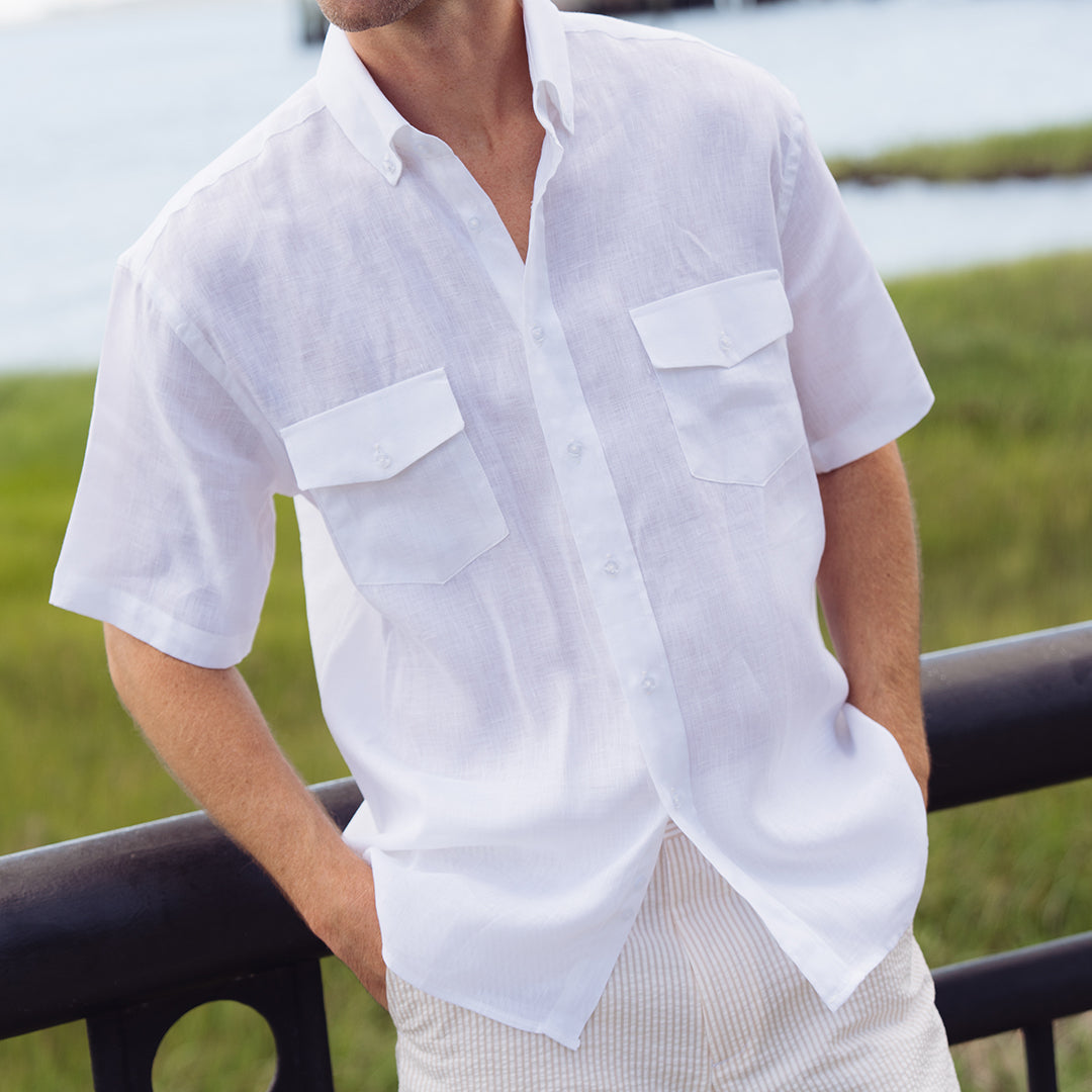 Sea Breeze Short Sleeve White Linen Shirt