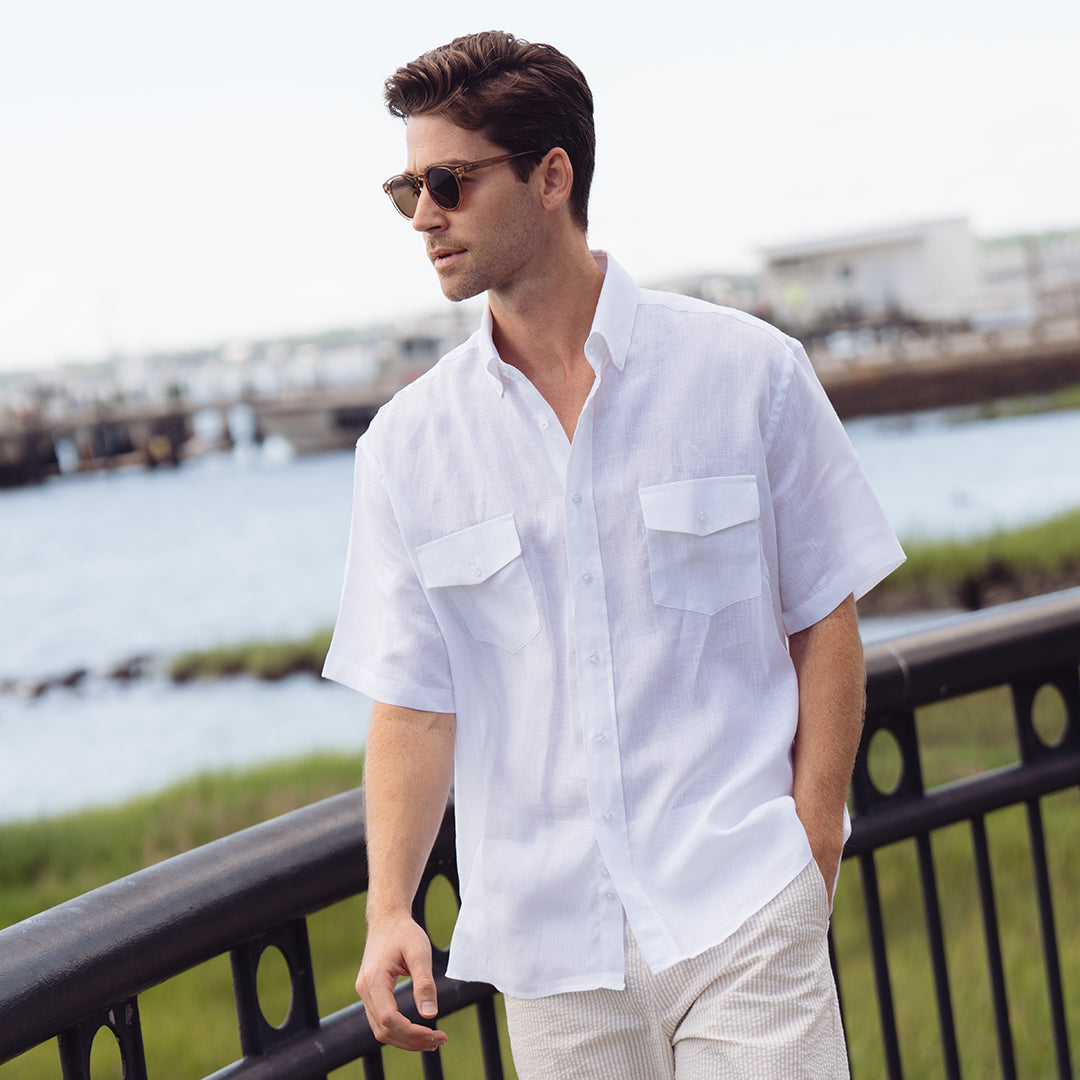 Sea Breeze Short Sleeve White Linen Shirt