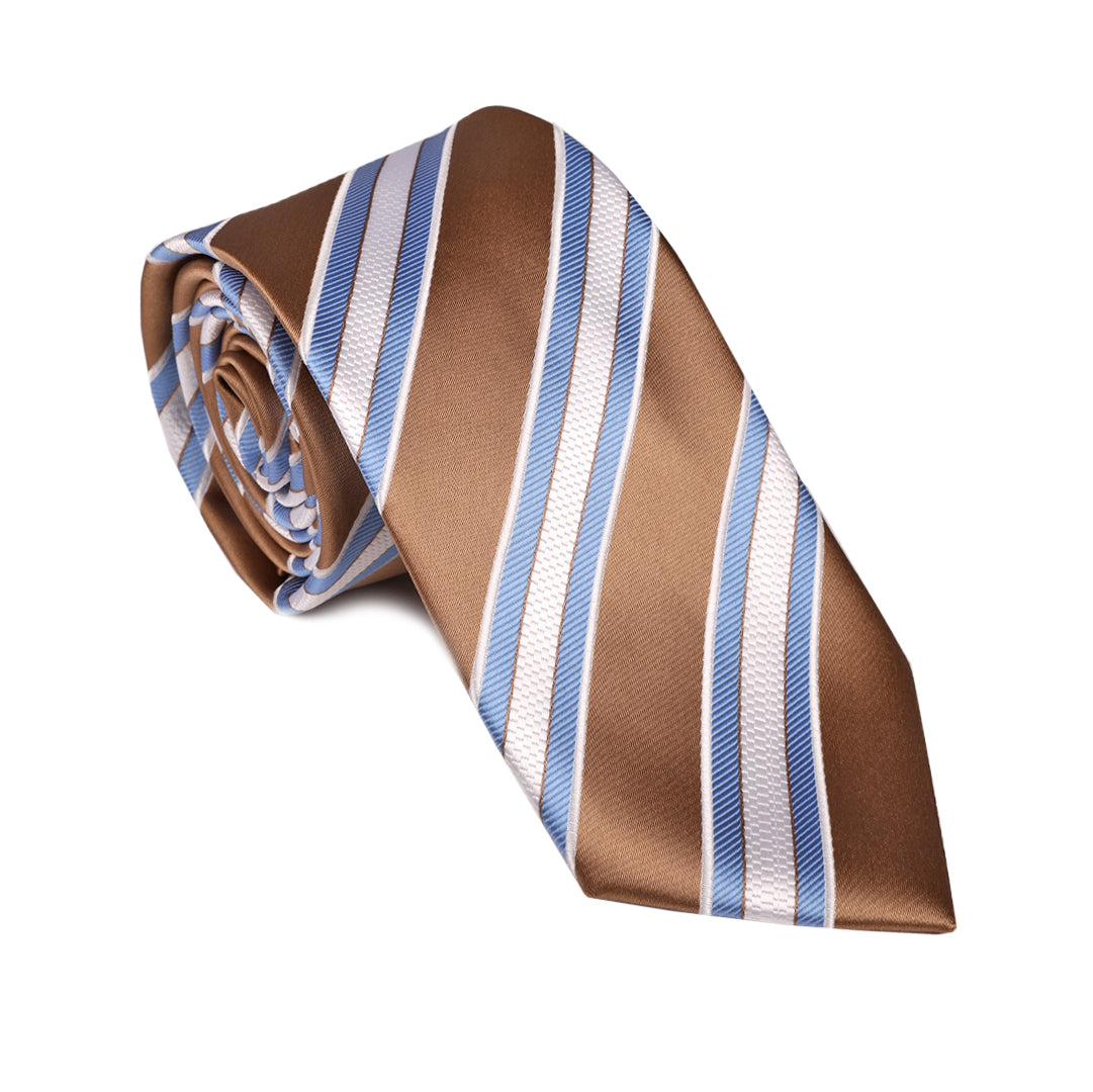 Tan With Lt. Blue And White Bold Stripe Tie